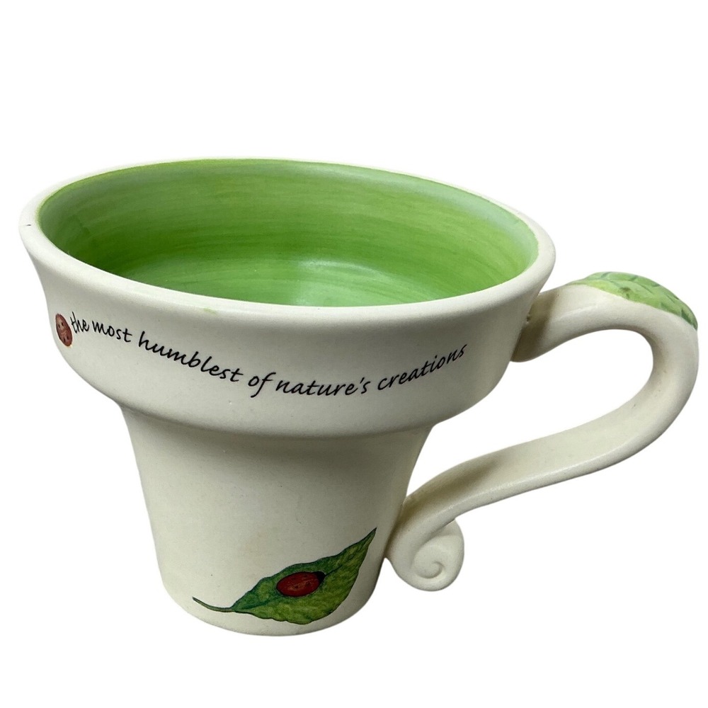 Garden Theme Flower Pot Shaped Ceramic Mug Ladybug Nature Quote‎ Green White